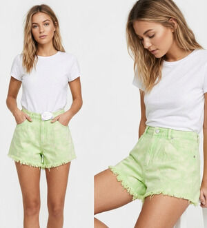 Cousin Couture Acid Wash Denim Shorts High Waisted Fringe Hem Small S Neon Green
